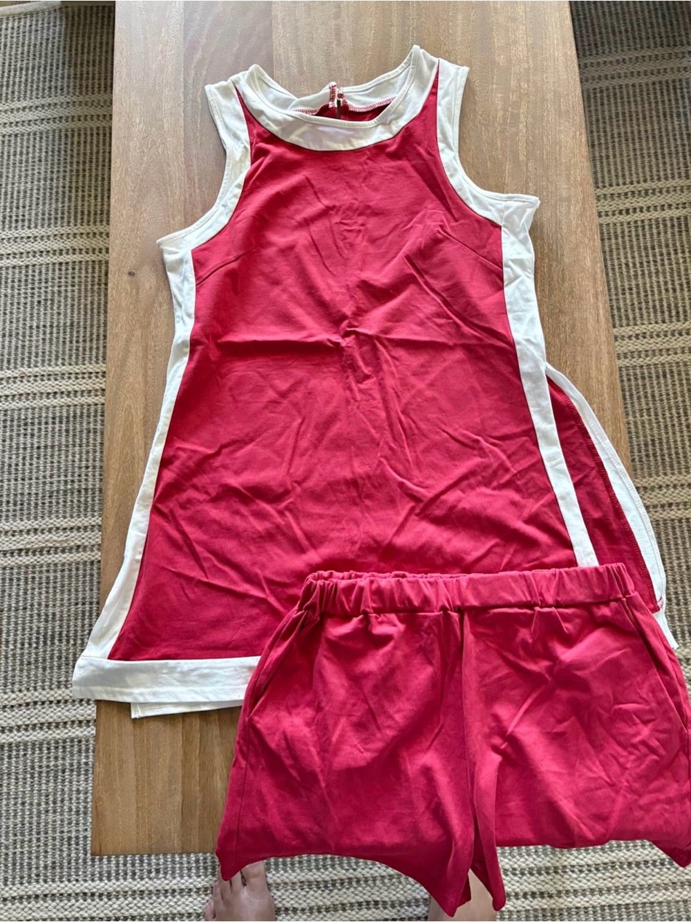 Red and White Sleeveless Tank & Shorts Set